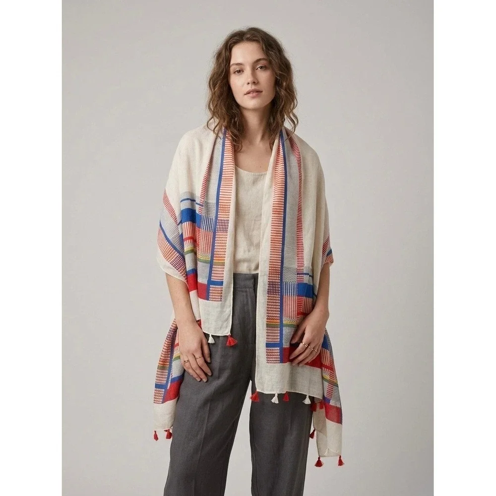 BoHoJJ Cream Red Blue Geometric Grid Tassel Wrap Lightweight  Scarf
